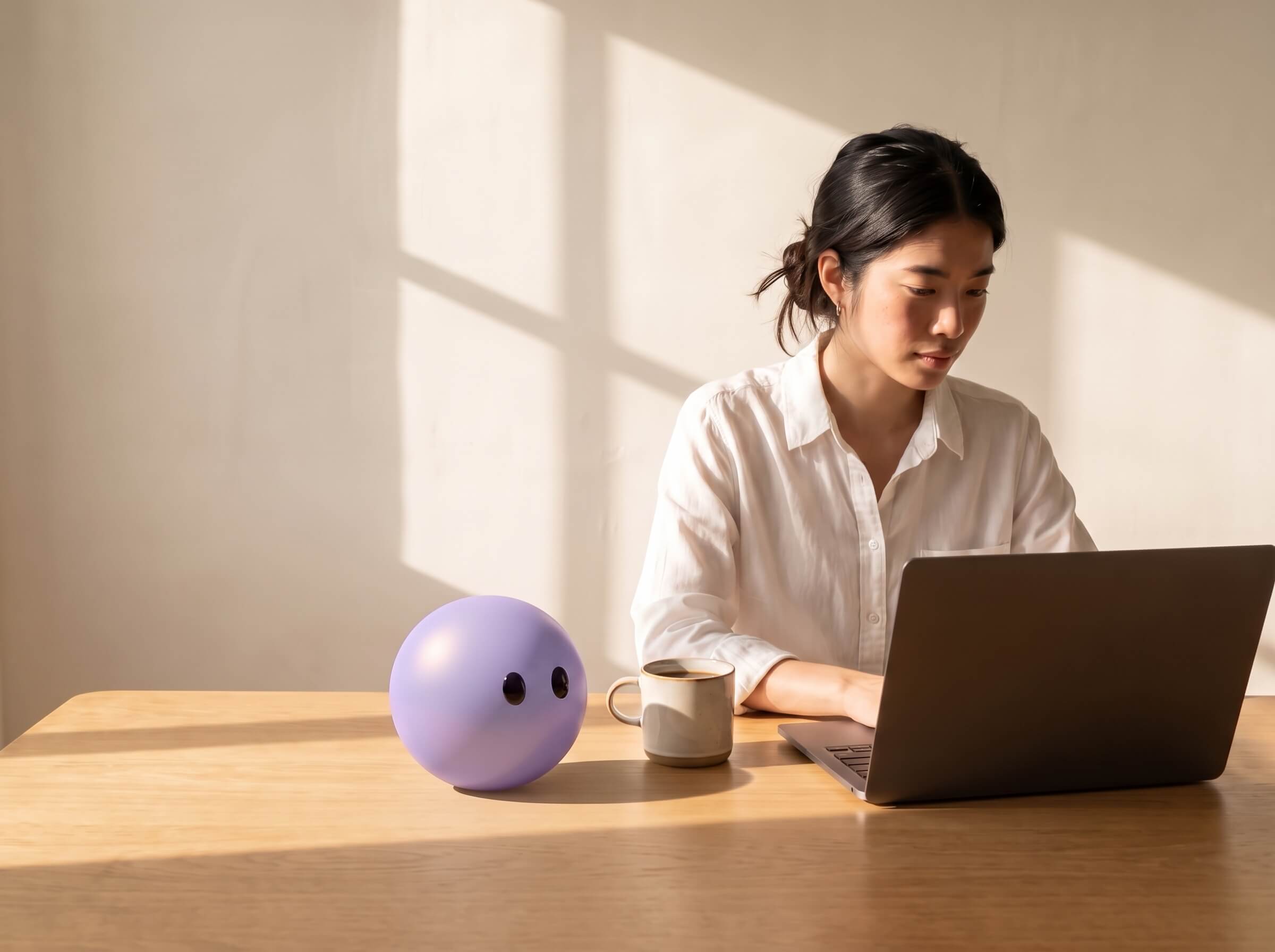 A support agent at her laptop with Ayro pictured as a lavender sphere resting on the desk beside her.