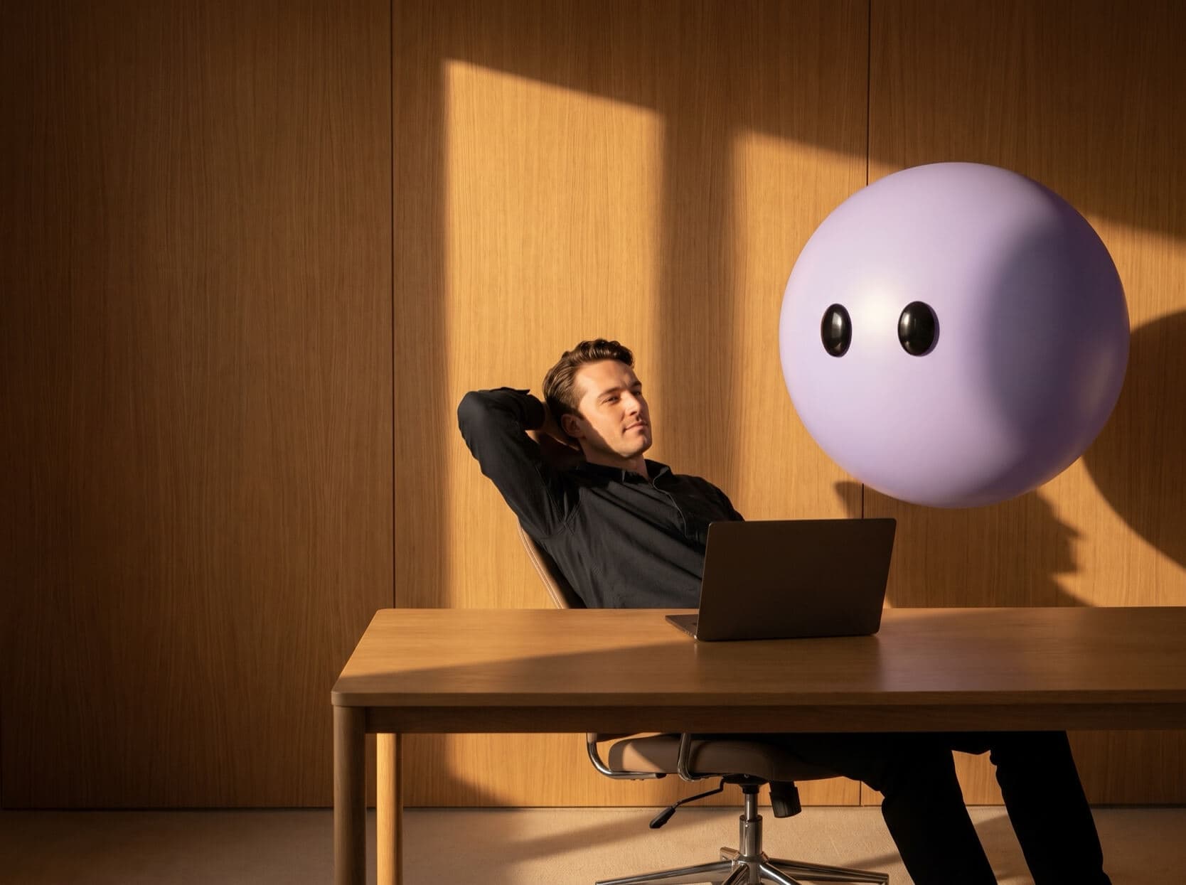 A support lead leaning back from his laptop with Ayro pictured as a lavender sphere beside him.