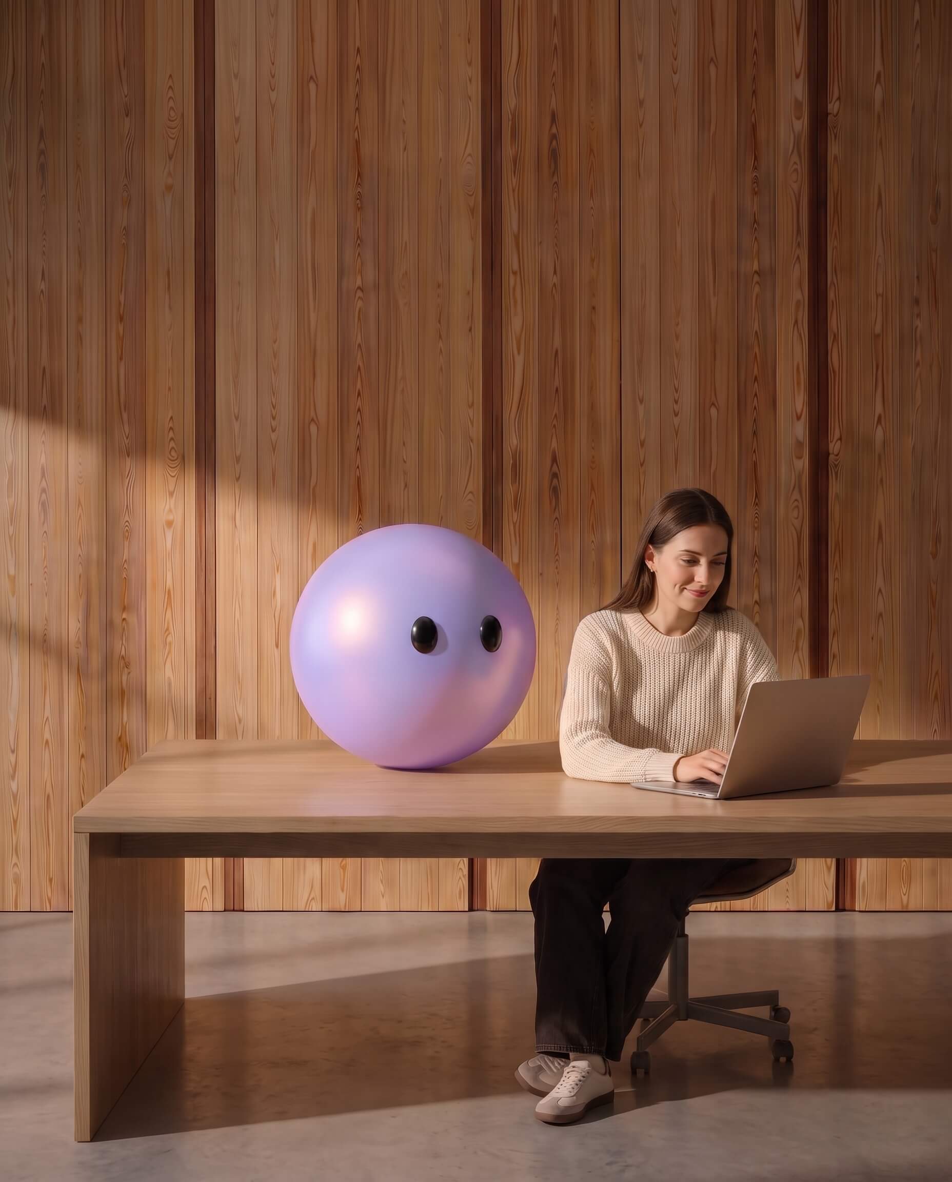 A support teammate working at a laptop with the Ayro character beside her