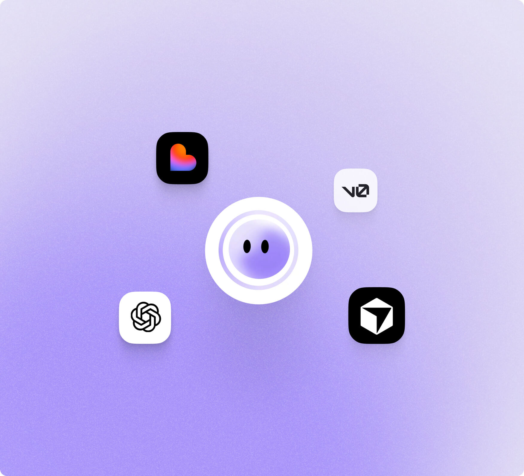 The Ayro orb ringed by the app icons of the AI builders it plugs into