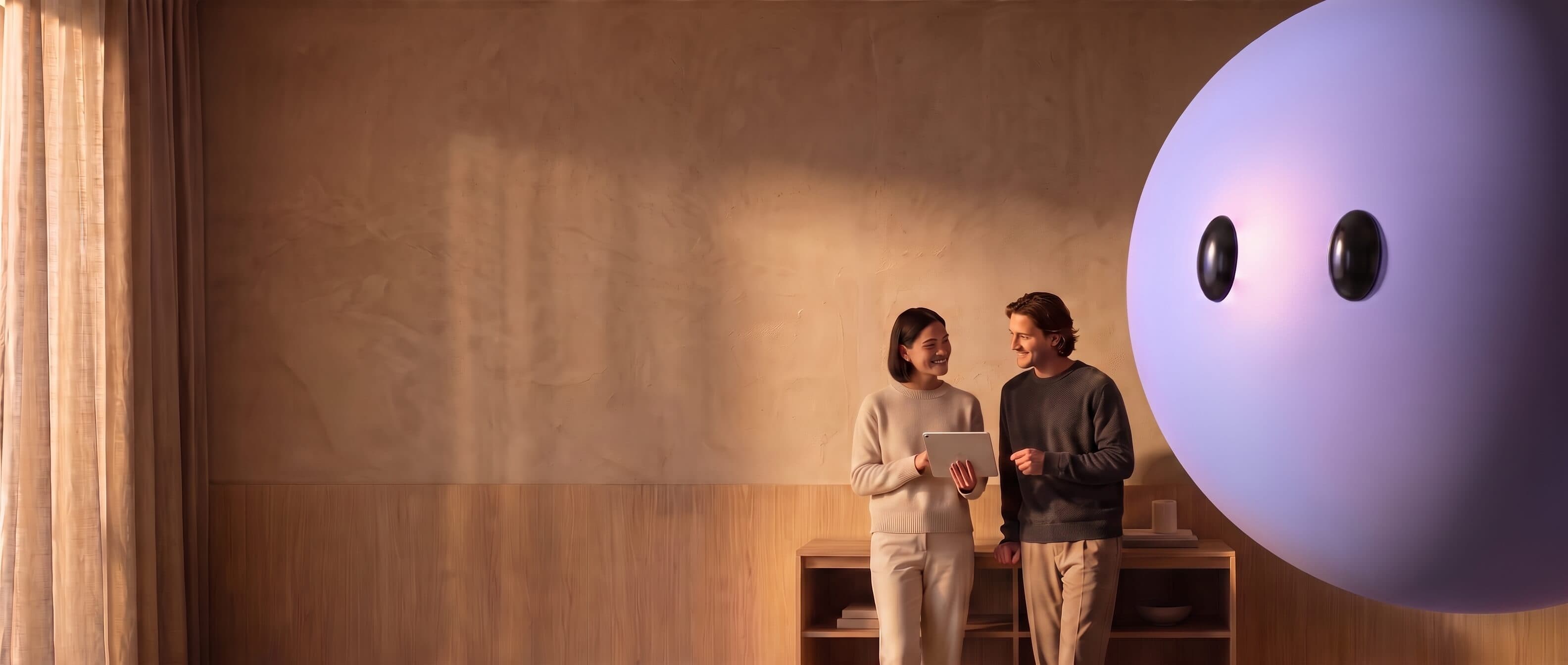 Ayro pictured as a giant lavender sphere floating beside two colleagues sharing a tablet.