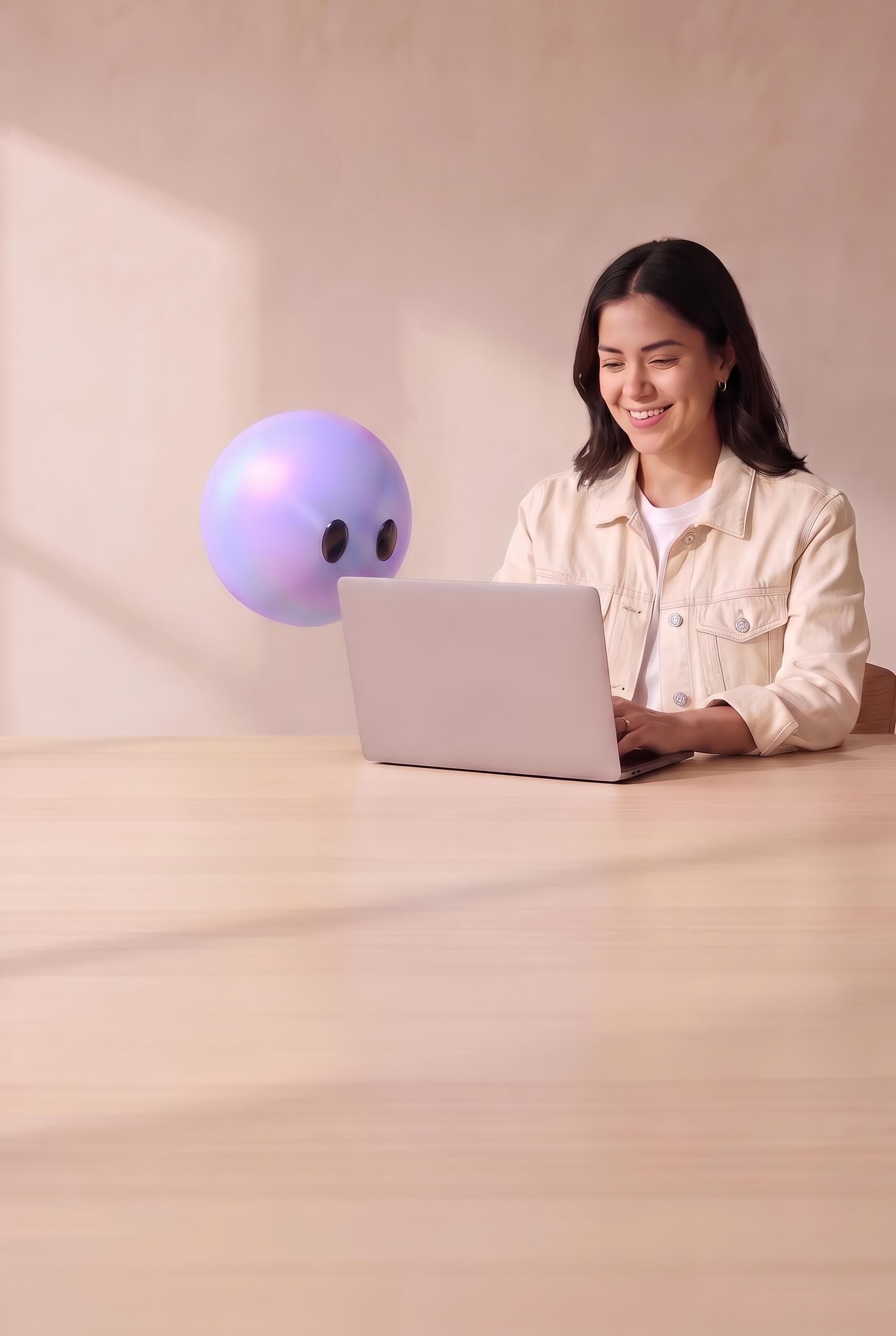 Ayro pictured as a lavender sphere resting on a sunlit desk beside a support agent working at her laptop.
