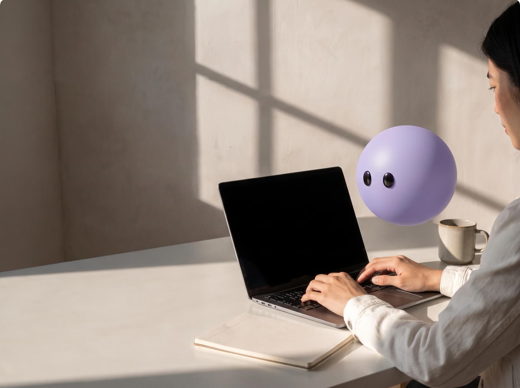 An agent typing at a laptop with Ayro pictured as a lavender sphere beside the screen.