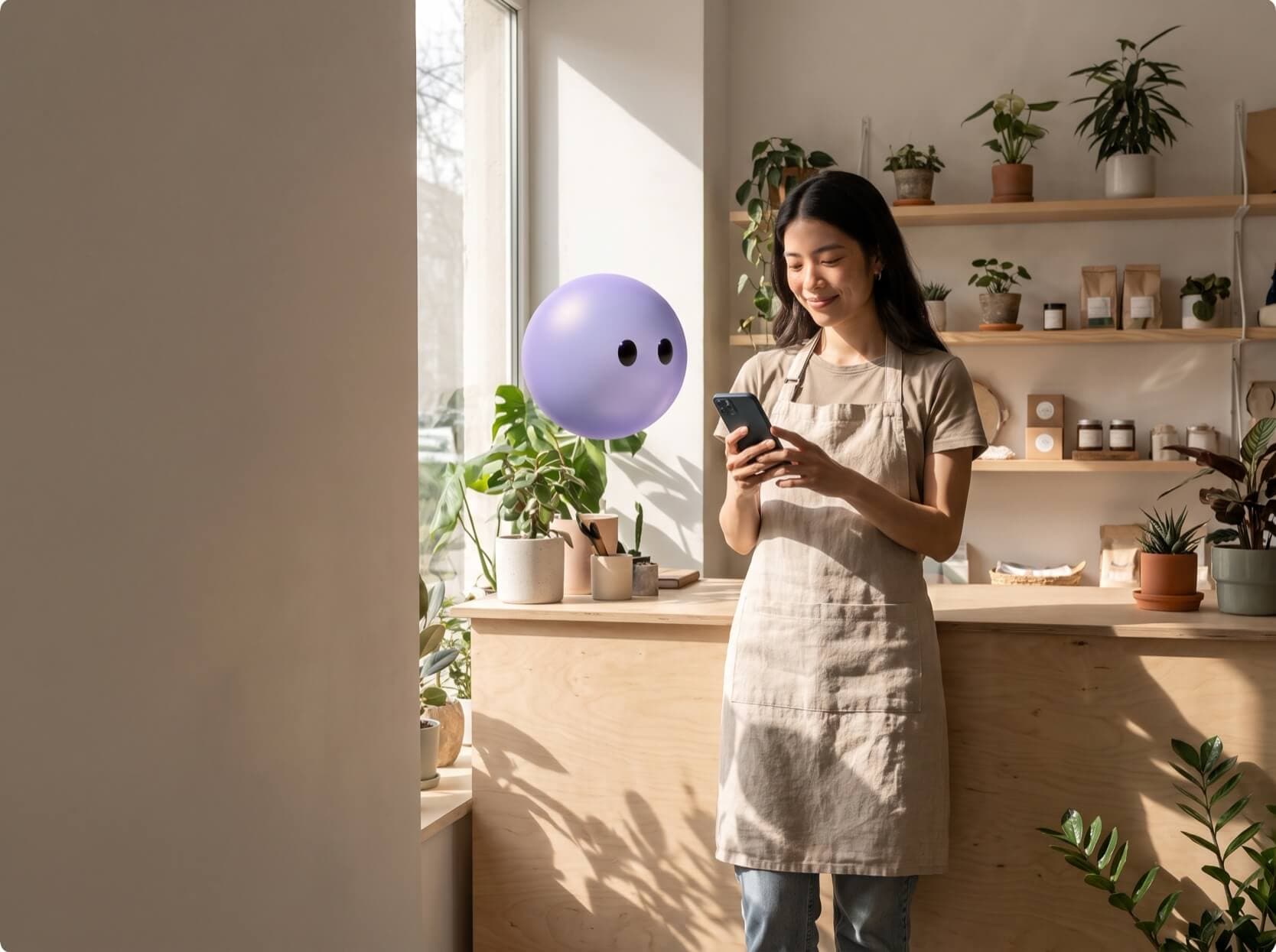 A shop owner on her phone with Ayro pictured as a lavender sphere floating beside her.