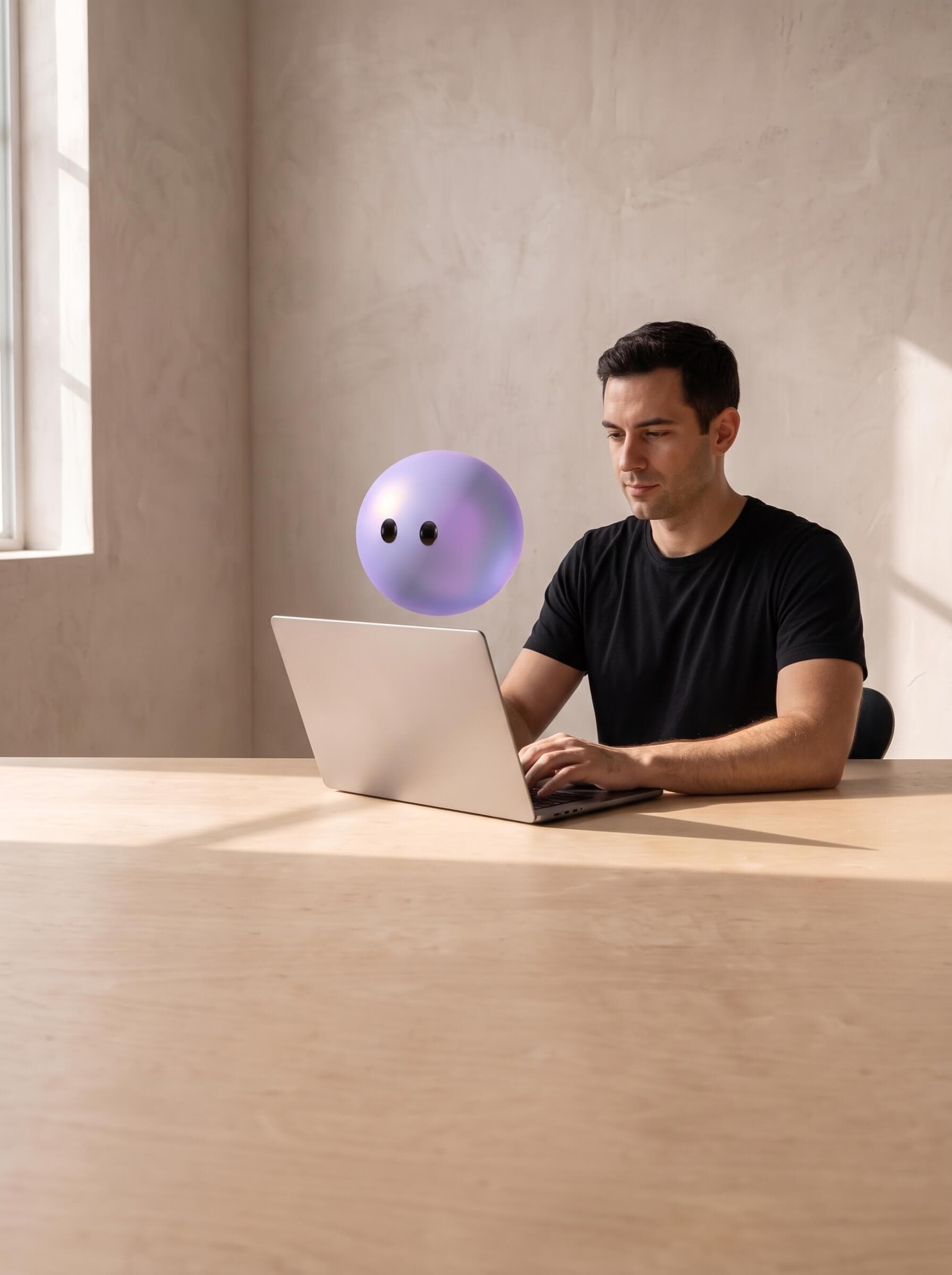 A developer at a laptop with Ayro pictured as a lavender sphere beside the screen.