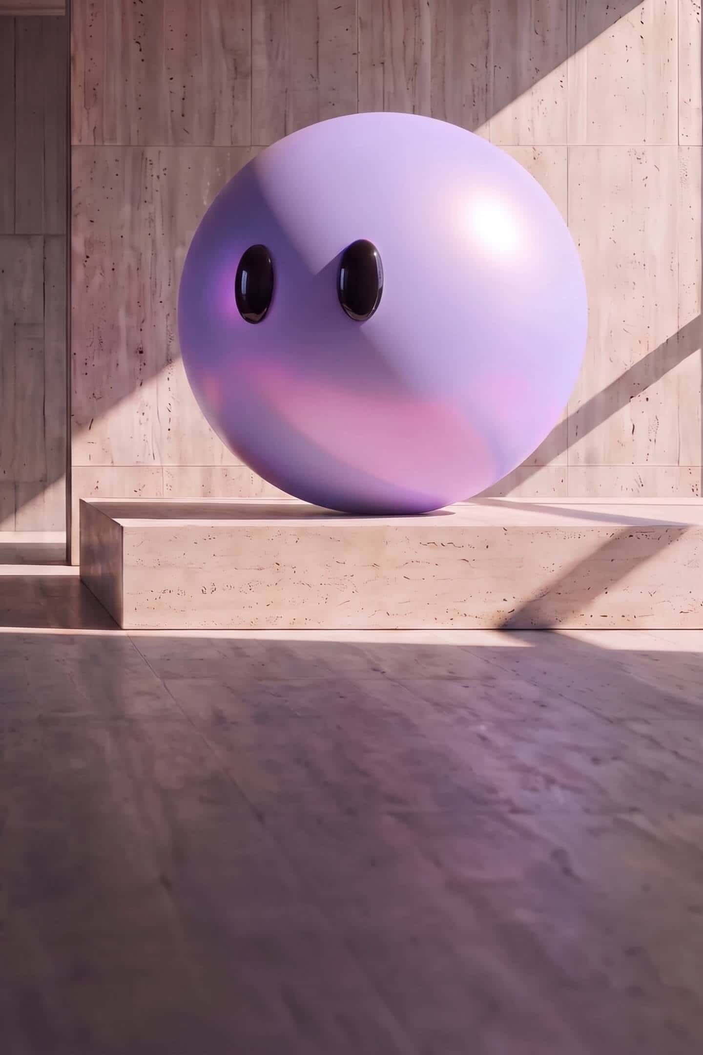 The purple Ayro mascot resting on a stone plinth in a sunlit concrete hall